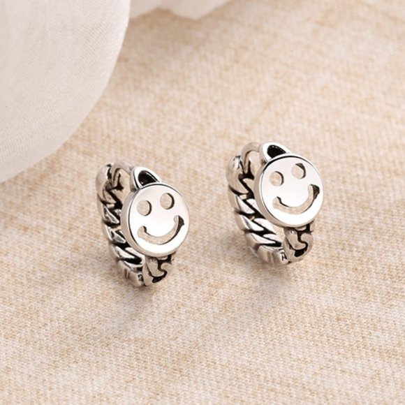 NEW 925 Sterling Silver Smiley Face Hoop Earrings - Picture 6 of 10